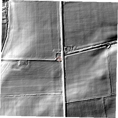 Shaded relief map of the ground around DN214UB, computed from Environment Agency LiDAR. The ground here sits at about 36 m above sea level and falls 12 m across the surrounding 800 m. Surface water reaching this point runs off ground lying to the south-west, 5.2 m higher.