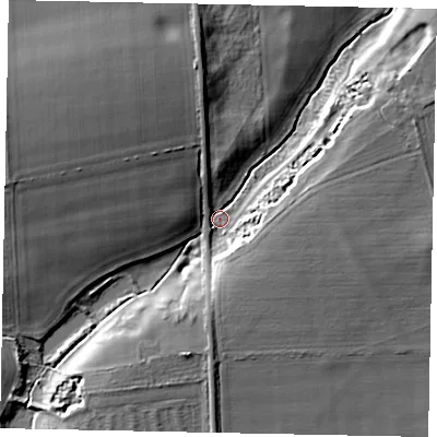 Shaded relief map of the ground around DN214UE, computed from Environment Agency LiDAR. The ground here sits at about 27 m above sea level and falls 19 m across the surrounding 800 m. Surface water reaching this point runs off ground lying to the west-north-west, 14.8 m higher.