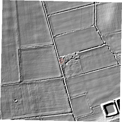 Shaded relief map of the ground around DN214UG, computed from Environment Agency LiDAR. The ground here sits at about 8 m above sea level and falls 8 m across the surrounding 800 m. Surface water reaching this point runs off ground lying to the south-west, 6.8 m higher.