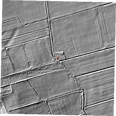 Shaded relief map of the ground around DN214UP, computed from Environment Agency LiDAR. The ground here sits at about 3 m above sea level and falls 11 m across the surrounding 800 m. Surface water reaching this point runs off ground lying to the south-west, 2.4 m higher.