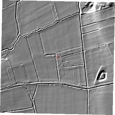 Shaded relief map of the ground around DN214UQ, computed from Environment Agency LiDAR. The ground here sits at about 7 m above sea level and falls 10 m across the surrounding 800 m. Surface water reaching this point runs off ground lying to the west-south-west, 5.2 m higher.