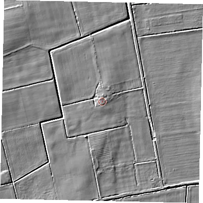 Shaded relief map of the ground around DN214UU, computed from Environment Agency LiDAR. The ground here sits at about 5 m above sea level and falls 5 m across the surrounding 800 m. Surface water reaching this point runs off ground lying to the north, 0.5 m higher.