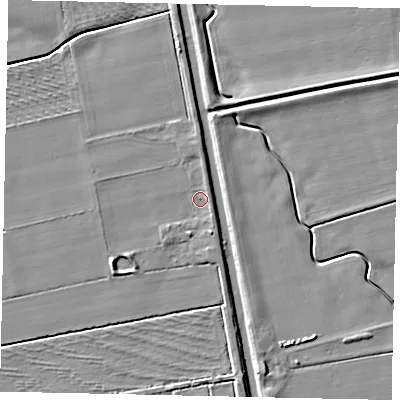 Shaded relief map of the ground around DN214UX, computed from Environment Agency LiDAR. The ground here sits at about 2 m above sea level and falls 5 m across the surrounding 800 m. Surface water reaching this point runs off ground lying to the south-west, 3.6 m higher.