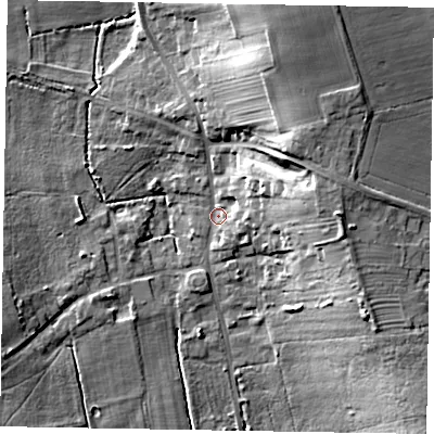 Shaded relief map of the ground around DN215AH, computed from Environment Agency LiDAR. The ground here sits at about 8 m above sea level and falls 24 m across the surrounding 800 m. Surface water reaching this point runs off ground lying to the north-east, 18.6 m higher.