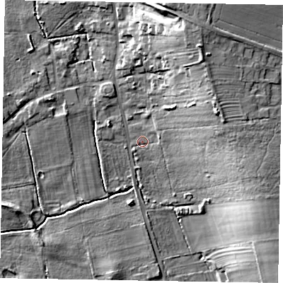 Shaded relief map of the ground around DN215AL, computed from Environment Agency LiDAR. The ground here sits at about 6 m above sea level and falls 24 m across the surrounding 800 m. Surface water reaching this point runs off ground lying to the east-north-east, 18.2 m higher.