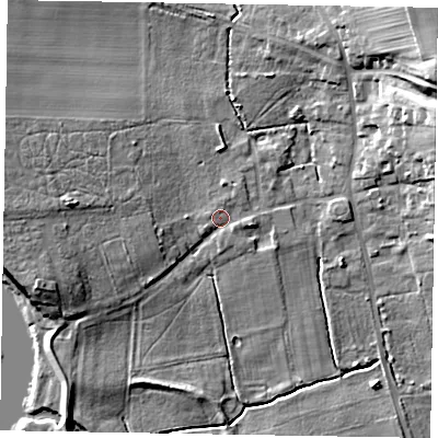 Shaded relief map of the ground around DN215AP, computed from Environment Agency LiDAR. The ground here sits at about 7 m above sea level and falls 24 m across the surrounding 800 m. Surface water reaching this point runs off ground lying to the north-north-east, 1.9 m higher.