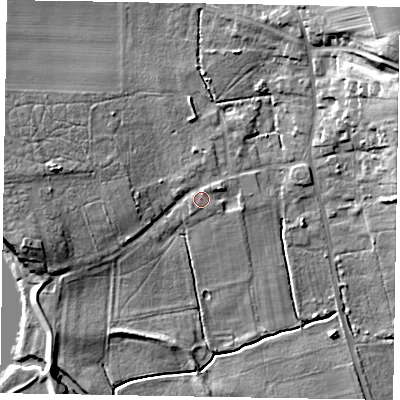 Shaded relief map of the ground around DN215AR, computed from Environment Agency LiDAR. The ground here sits at about 7 m above sea level and falls 24 m across the surrounding 800 m. Surface water reaching this point runs off ground lying to the north, 1.8 m higher.