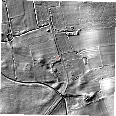 Shaded relief map of the ground around DN215AW, computed from Environment Agency LiDAR. The ground here sits at about 7 m above sea level and falls 21 m across the surrounding 800 m. Surface water reaching this point runs off ground lying to the south-east, 1.0 m higher.