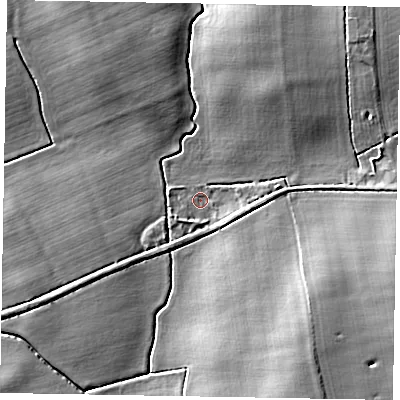 Shaded relief map of the ground around DN215BQ, computed from Environment Agency LiDAR. The ground here sits at about 9 m above sea level and falls 11 m across the surrounding 800 m. Surface water reaching this point runs off ground lying to the east-south-east, 2.8 m higher.