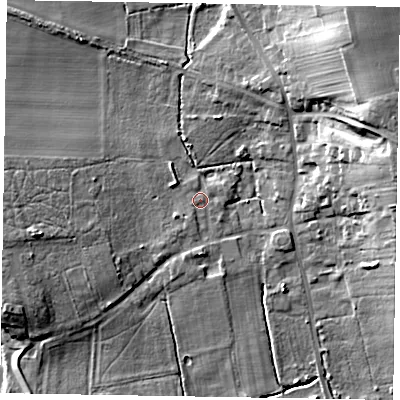 Shaded relief map of the ground around DN215FG, computed from Environment Agency LiDAR. The ground here sits at about 7 m above sea level and falls 25 m across the surrounding 800 m. Surface water reaching this point runs off ground lying to the south-south-west, 1.1 m higher.