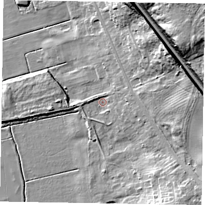 Shaded relief map of the ground around DN215JH, computed from Environment Agency LiDAR. The ground here sits at about 6 m above sea level and falls 32 m across the surrounding 800 m. Surface water reaching this point runs off ground lying to the east-north-east, 15.7 m higher.