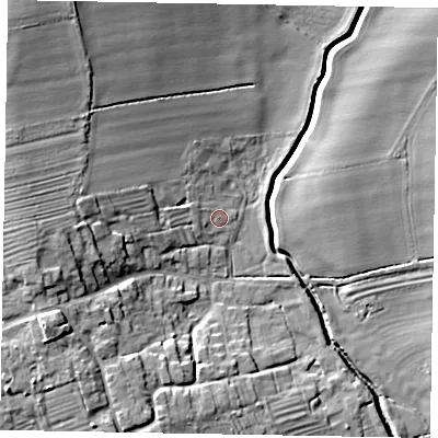 Shaded relief map of the ground around DN215JT, computed from Environment Agency LiDAR. The ground here sits at about 11 m above sea level and falls 15 m across the surrounding 800 m. Surface water reaching this point runs off ground lying to the west-north-west, 2.0 m higher.