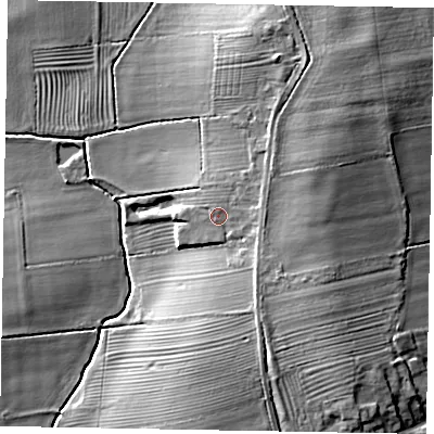 Shaded relief map of the ground around DN215JX, computed from Environment Agency LiDAR. The ground here sits at about 18 m above sea level and falls 13 m across the surrounding 800 m. Surface water reaching this point runs off ground lying to the east, 1.7 m higher.