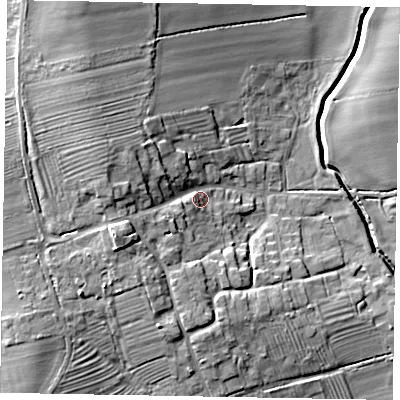Shaded relief map of the ground around DN215JZ, computed from Environment Agency LiDAR. The ground here sits at about 14 m above sea level and falls 15 m across the surrounding 800 m. Surface water reaching this point runs off ground lying to the west-north-west, 8.5 m higher.