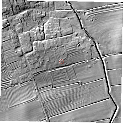 Shaded relief map of the ground around DN215LH, computed from Environment Agency LiDAR. The ground here sits at about 14 m above sea level and falls 15 m across the surrounding 800 m. Surface water reaching this point runs off ground lying to the west-north-west, 3.6 m higher.