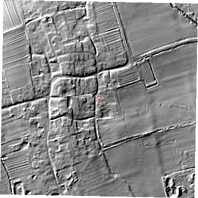 Shaded relief map of the ground around DN215NR, computed from Environment Agency LiDAR. The ground here sits at about 21 m above sea level and falls 15 m across the surrounding 800 m. Surface water reaching this point runs off ground lying to the west-south-west, 5.4 m higher.