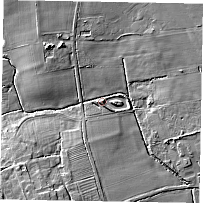 Shaded relief map of the ground around DN215NZ, computed from Environment Agency LiDAR. The ground here sits at about 16 m above sea level and falls 12 m across the surrounding 800 m. Surface water reaching this point runs off ground lying to the south-south-west, 5.1 m higher.