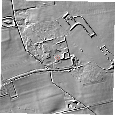 Shaded relief map of the ground around DN215PB, computed from Environment Agency LiDAR. The ground here sits at about 15 m above sea level and falls 9 m across the surrounding 800 m. Surface water reaching this point runs off ground lying to the east, 3.2 m higher.