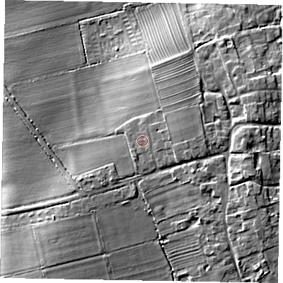 Shaded relief map of the ground around DN215PD, computed from Environment Agency LiDAR. The ground here sits at about 22 m above sea level and falls 11 m across the surrounding 800 m. Surface water reaching this point runs off ground lying to the east, 0.9 m higher.