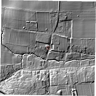 Shaded relief map of the ground around DN220AB, computed from Environment Agency LiDAR. The ground here sits at about 14 m above sea level and falls 13 m across the surrounding 800 m. Surface water reaching this point runs off ground lying to the north-north-west, 8.6 m higher.