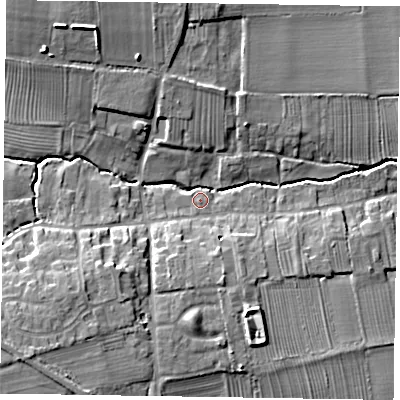Shaded relief map of the ground around DN220AD, computed from Environment Agency LiDAR. The ground here sits at about 12 m above sea level and falls 13 m across the surrounding 800 m. Surface water reaching this point runs off ground lying to the south-west, 11.3 m higher.