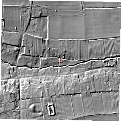 Shaded relief map of the ground around DN220AE, computed from Environment Agency LiDAR. The ground here sits at about 11 m above sea level and falls 14 m across the surrounding 800 m. Surface water reaching this point runs off ground lying to the north-west, 4.0 m higher.