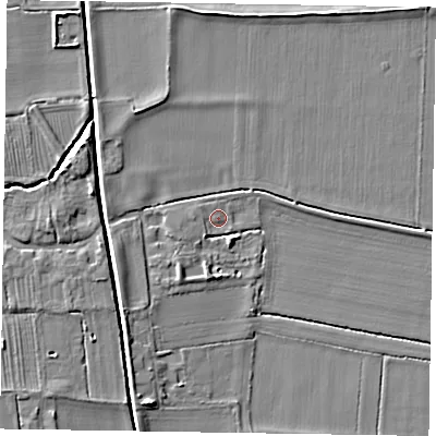 Shaded relief map of the ground around DN220AG, computed from Environment Agency LiDAR. The ground here sits at about 6 m above sea level and falls 6 m across the surrounding 800 m. Surface water reaching this point runs off ground lying to the west-south-west, 1.5 m higher.