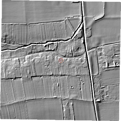 Shaded relief map of the ground around DN220AH, computed from Environment Agency LiDAR. The ground here sits at about 8 m above sea level and falls 10 m across the surrounding 800 m. Surface water reaching this point runs off ground lying to the south-south-west, 2.3 m higher.