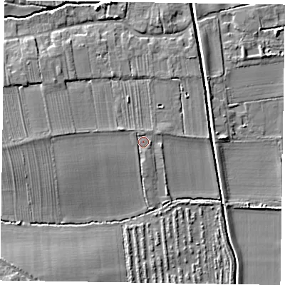 Shaded relief map of the ground around DN220AL, computed from Environment Agency LiDAR. The ground here sits at about 9 m above sea level and falls 12 m across the surrounding 800 m. Surface water reaching this point runs off ground lying to the west, 4.7 m higher.