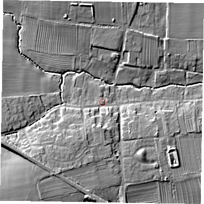 Shaded relief map of the ground around DN220AW, computed from Environment Agency LiDAR. The ground here sits at about 13 m above sea level and falls 14 m across the surrounding 800 m. Surface water reaching this point runs off ground lying to the south-south-west, 5.6 m higher.
