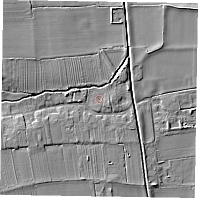 Shaded relief map of the ground around DN220BD, computed from Environment Agency LiDAR. The ground here sits at about 8 m above sea level and falls 10 m across the surrounding 800 m. Surface water reaching this point runs off ground lying to the east-south-east, 1.3 m higher.