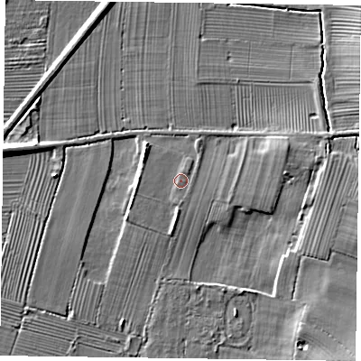 Shaded relief map of the ground around DN220DR, computed from Environment Agency LiDAR. The ground here sits at about 18 m above sea level and falls 10 m across the surrounding 800 m. The ground contributing surface water to this point lies to the south-south-east.