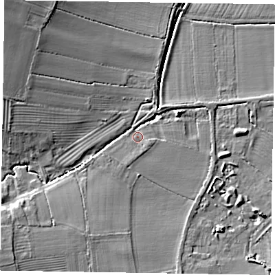 Shaded relief map of the ground around DN220EP, computed from Environment Agency LiDAR. The ground here sits at about 11 m above sea level and falls 15 m across the surrounding 800 m. Surface water reaching this point runs off ground lying to the south-south-west, 4.8 m higher.