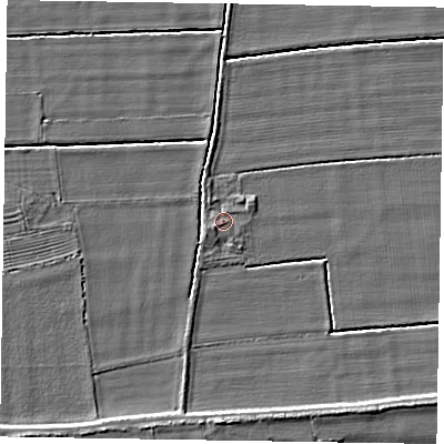 Shaded relief map of the ground around DN220ER, computed from Environment Agency LiDAR. The ground here sits at about 6 m above sea level and falls 4 m across the surrounding 800 m. Surface water reaching this point runs off ground lying to the west-south-west, 0.8 m higher.