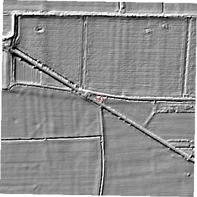 Shaded relief map of the ground around DN220ES, computed from Environment Agency LiDAR. The ground here sits at about 6 m above sea level and falls 4 m across the surrounding 800 m. Surface water reaching this point runs off ground lying to the west-north-west, 2.0 m higher.