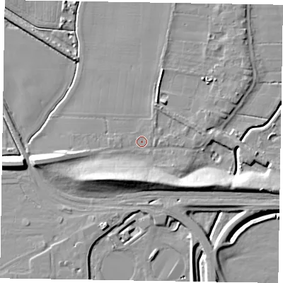 Shaded relief map of the ground around DN220EU, computed from Environment Agency LiDAR. The ground here sits at about 5 m above sea level and falls 12 m across the surrounding 800 m. Surface water reaching this point runs off ground lying to the south-south-west, 9.2 m higher.