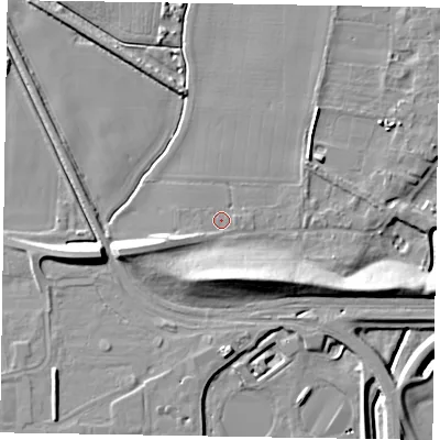 Shaded relief map of the ground around DN220EX, computed from Environment Agency LiDAR. The ground here sits at about 5 m above sea level and falls 12 m across the surrounding 800 m. Surface water reaching this point runs off ground lying to the west-south-west, 3.8 m higher.