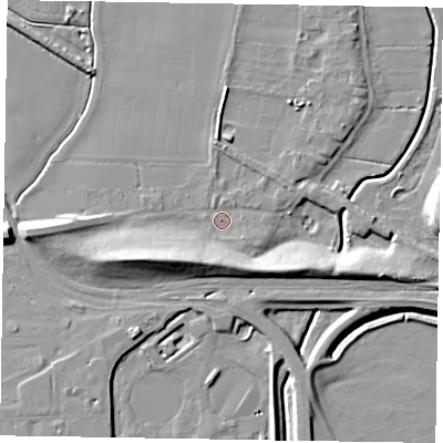 Shaded relief map of the ground around DN220EY, computed from Environment Agency LiDAR. The ground here sits at about 5 m above sea level and falls 12 m across the surrounding 800 m. Surface water reaching this point runs off ground lying to the south-east, 1.6 m higher.