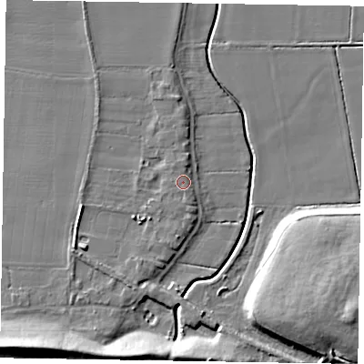Shaded relief map of the ground around DN220EZ, computed from Environment Agency LiDAR. The ground here sits at about 6 m above sea level and falls 14 m across the surrounding 800 m. Surface water reaching this point runs off ground lying to the south-south-east, 0.9 m higher.