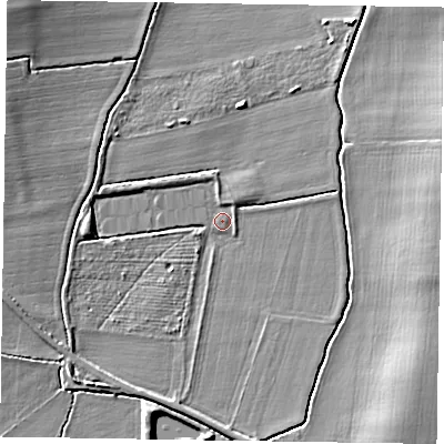 Shaded relief map of the ground around DN220FE, computed from Environment Agency LiDAR. The ground here sits at about 9 m above sea level and falls 8 m across the surrounding 800 m. Surface water reaching this point runs off ground lying to the west, 3.4 m higher.