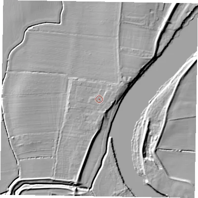 Shaded relief map of the ground around DN220FL, computed from Environment Agency LiDAR. The ground here sits at about 7 m above sea level and falls 6 m across the surrounding 800 m. Surface water reaching this point runs off ground lying to the east-south-east, 0.9 m higher.