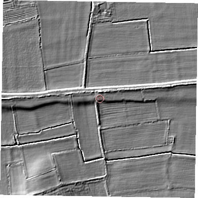 Shaded relief map of the ground around DN220FN, computed from Environment Agency LiDAR. The ground here sits at about 7 m above sea level and falls 5 m across the surrounding 800 m. Surface water reaching this point runs off ground lying to the north-west, 0.6 m higher.