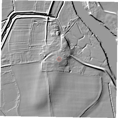 Shaded relief map of the ground around DN220FQ, computed from Environment Agency LiDAR. The ground here sits at about 9 m above sea level and falls 8 m across the surrounding 800 m. Surface water reaching this point runs off ground lying to the north-north-east, 0.8 m higher.