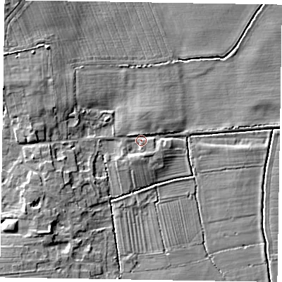 Shaded relief map of the ground around DN220GE, computed from Environment Agency LiDAR. The ground here sits at about 7 m above sea level and falls 7 m across the surrounding 800 m. Surface water reaching this point runs off ground lying to the south-south-west, 1.8 m higher.