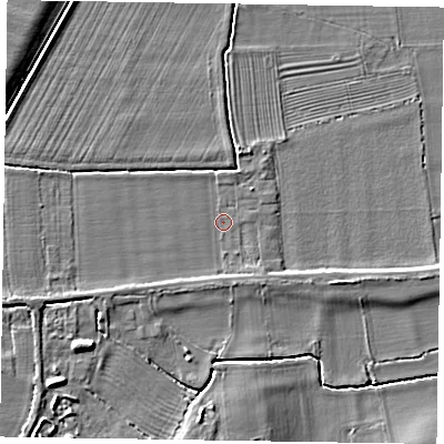 Shaded relief map of the ground around DN220GF, computed from Environment Agency LiDAR. The ground here sits at about 7 m above sea level and falls 7 m across the surrounding 800 m. Surface water reaching this point runs off ground lying to the west-south-west, 4.1 m higher.