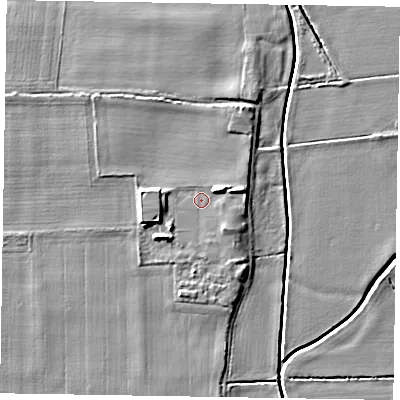 Shaded relief map of the ground around DN220HA, computed from Environment Agency LiDAR. The ground here sits at about 5 m above sea level and falls 6 m across the surrounding 800 m. Surface water reaching this point runs off ground lying to the east-north-east, 2.8 m higher.
