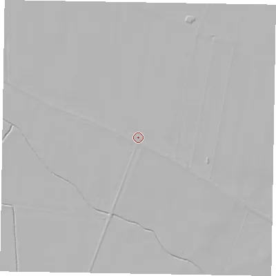 Shaded relief map of the ground around DN220HB, computed from Environment Agency LiDAR. The ground here sits at about 5 m above sea level and falls 4 m across the surrounding 800 m. Surface water reaching this point runs off ground lying to the south-south-east, 1.0 m higher.
