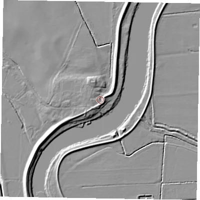 Shaded relief map of the ground around DN220HD, computed from Environment Agency LiDAR. The ground here sits at about 6 m above sea level and falls 6 m across the surrounding 800 m. Surface water reaching this point runs off ground lying to the south-south-west, 2.3 m higher.