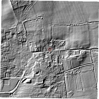 Shaded relief map of the ground around DN220HT, computed from Environment Agency LiDAR. The ground here sits at about 7 m above sea level and falls 9 m across the surrounding 800 m. Surface water reaching this point runs off ground lying to the west, 3.1 m higher.