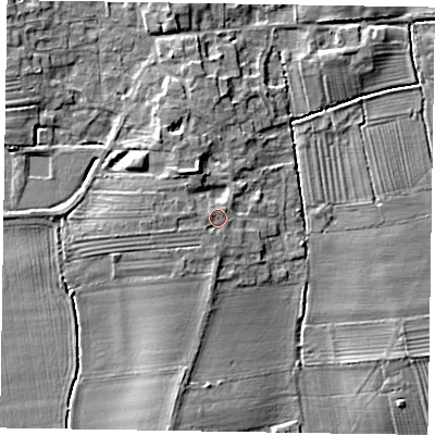 Shaded relief map of the ground around DN220JX, computed from Environment Agency LiDAR. The ground here sits at about 9 m above sea level and falls 6 m across the surrounding 800 m. Surface water reaching this point runs off ground lying to the west, 1.6 m higher.